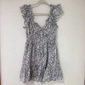 Lush Floral Toile Ruffle Mini Dress Women Small Ivory Blue Smocked | Cottagecore